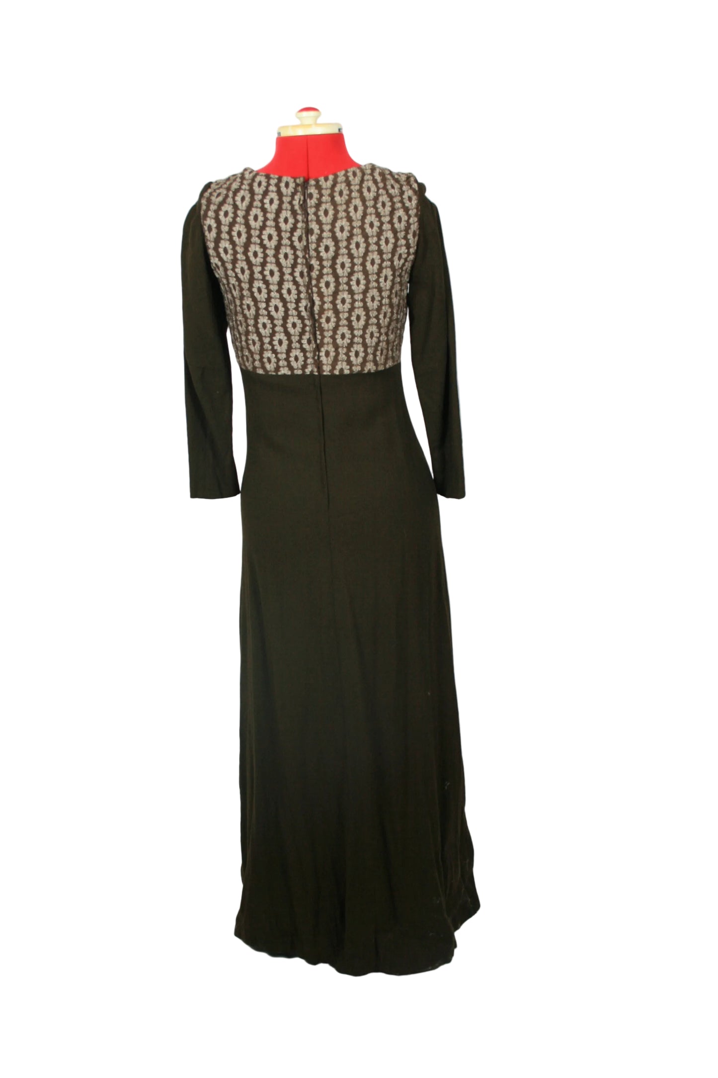 Late 1960s Black Maxi Dress with Graphic Bodice – Mod Evening Silhouette Katy Myynti Finland