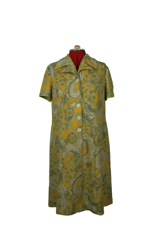 Late 1960s Crimplene Psychedelic Shift Dress – Mustard & Sage Print Atelier Lara Finland