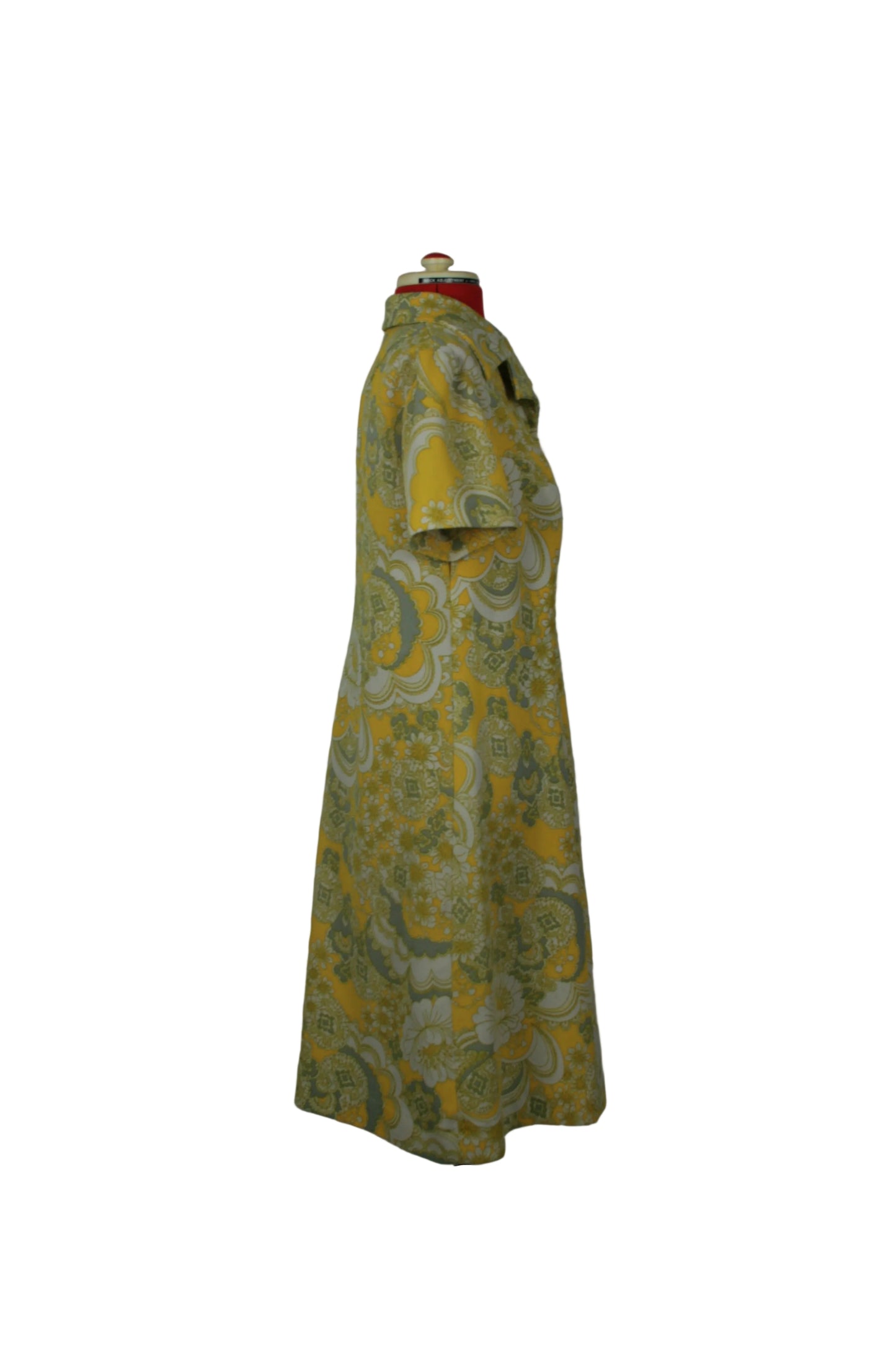 Late 1960s Crimplene Psychedelic Shift Dress – Mustard & Sage Print Atelier Lara Finland