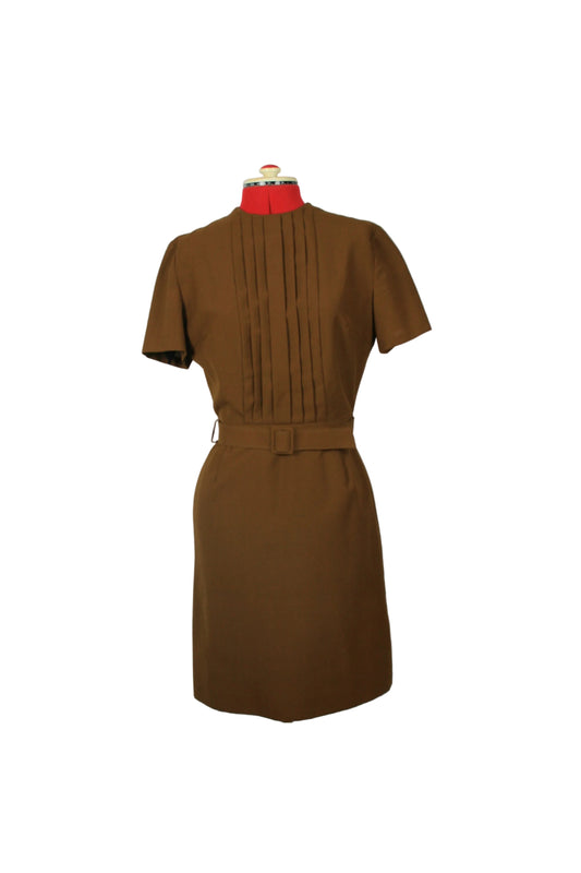 Brown Knee-Length Pleated Front Dress Elevate Trevira Kammgarn