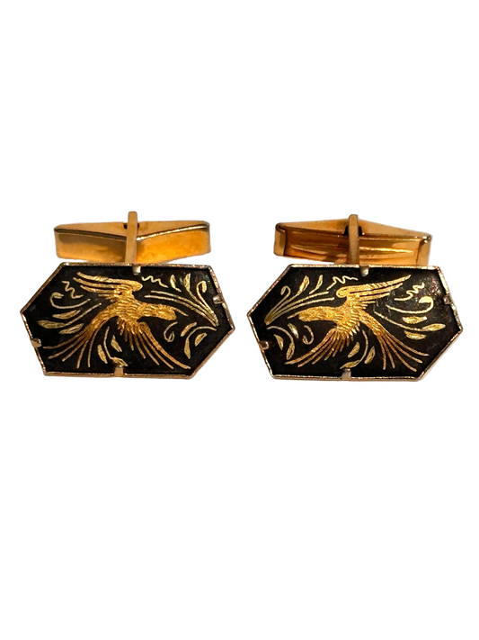 c.1960s True Vintage Gold Tone Phoenix Cufflinks – Black Enamel Style