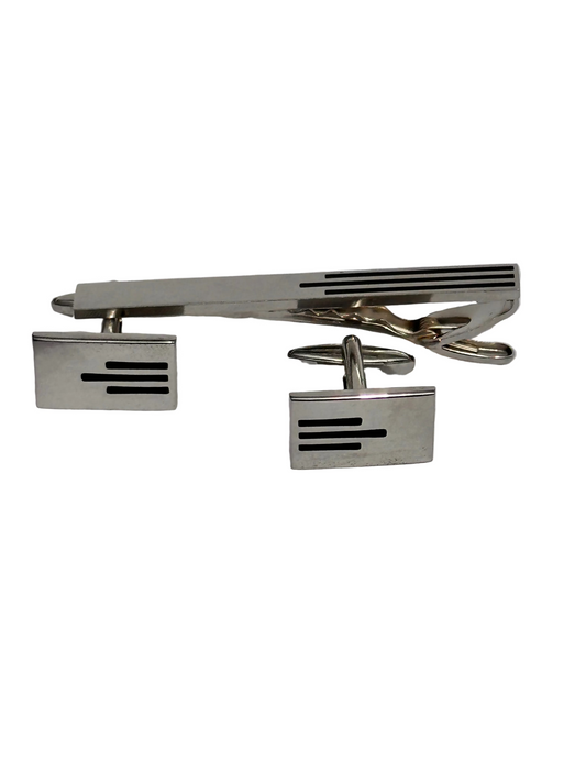 c.1970s Vintage Silver Tone Tie Clip & Cufflinks Set – Minimalist Line Design