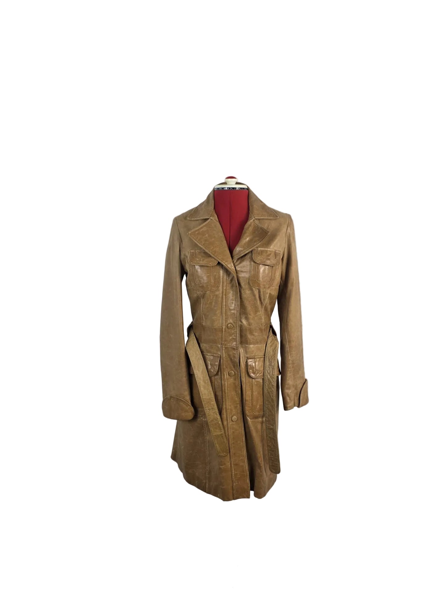 1970s Genuine Vintage Brown Leather Coat Belted Mid-Length Jacket