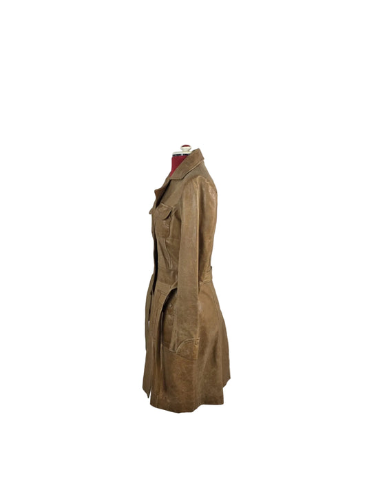 1970s Genuine Vintage Brown Leather Coat Belted Mid-Length Jacket