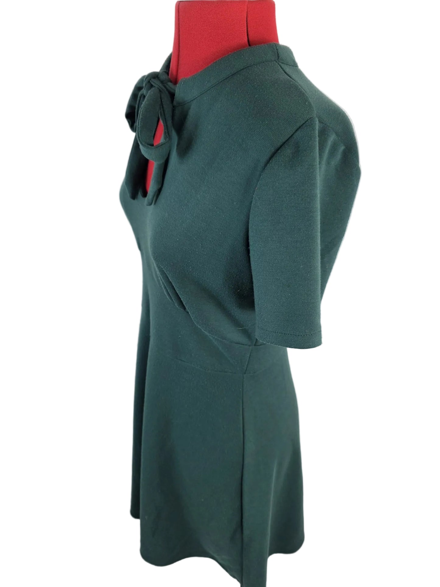 1970s Dress in 1940s Style,  Green Jersey Bow Neck