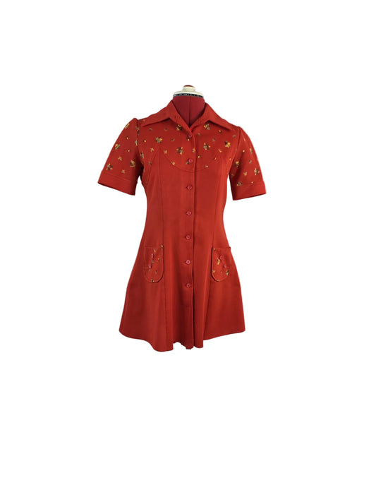 1960s Mod Mini Dress,  Red Crimplene Floral Detail