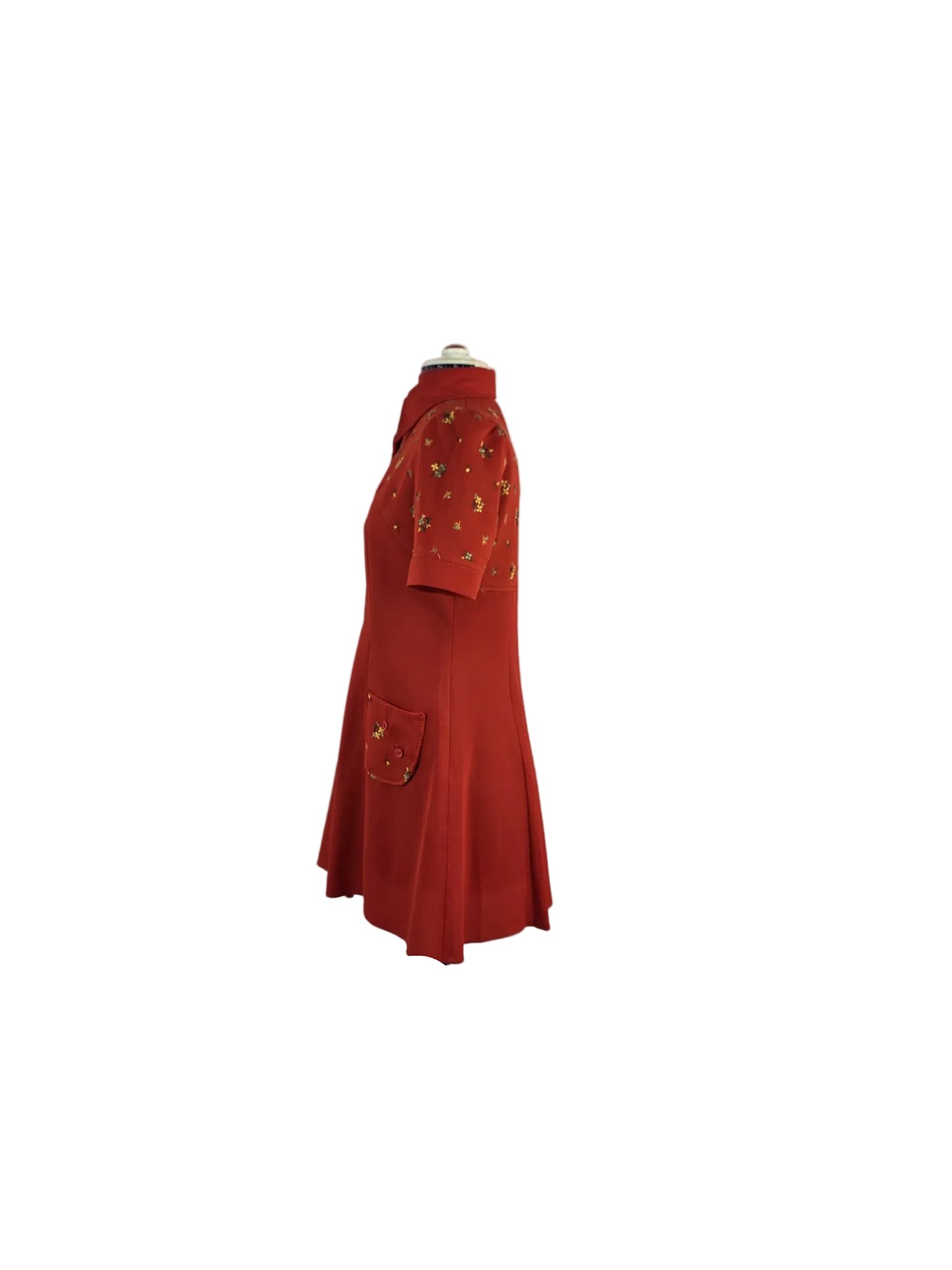 1960s Mod Mini Dress,  Red Crimplene Floral Detail
