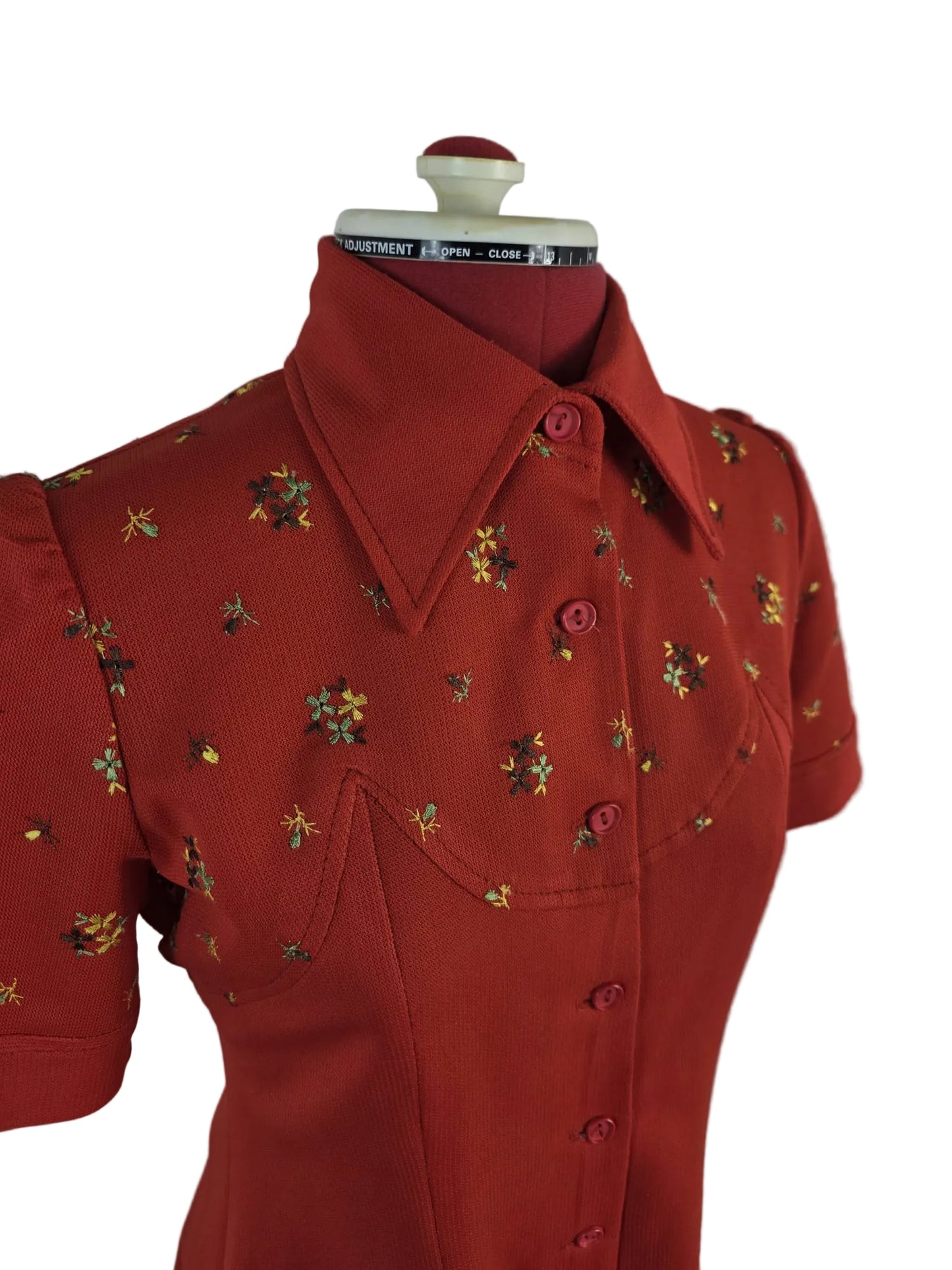 1960s Mod Mini Dress,  Red Crimplene Floral Detail