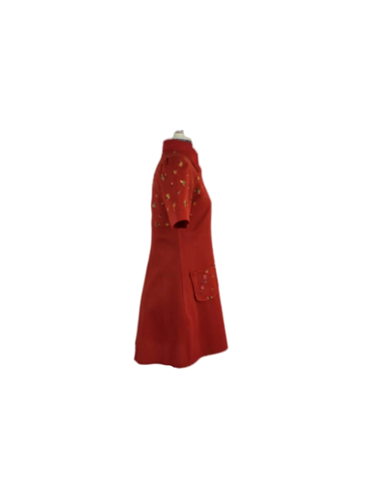 1960s Mod Mini Dress,  Red Crimplene Floral Detail
