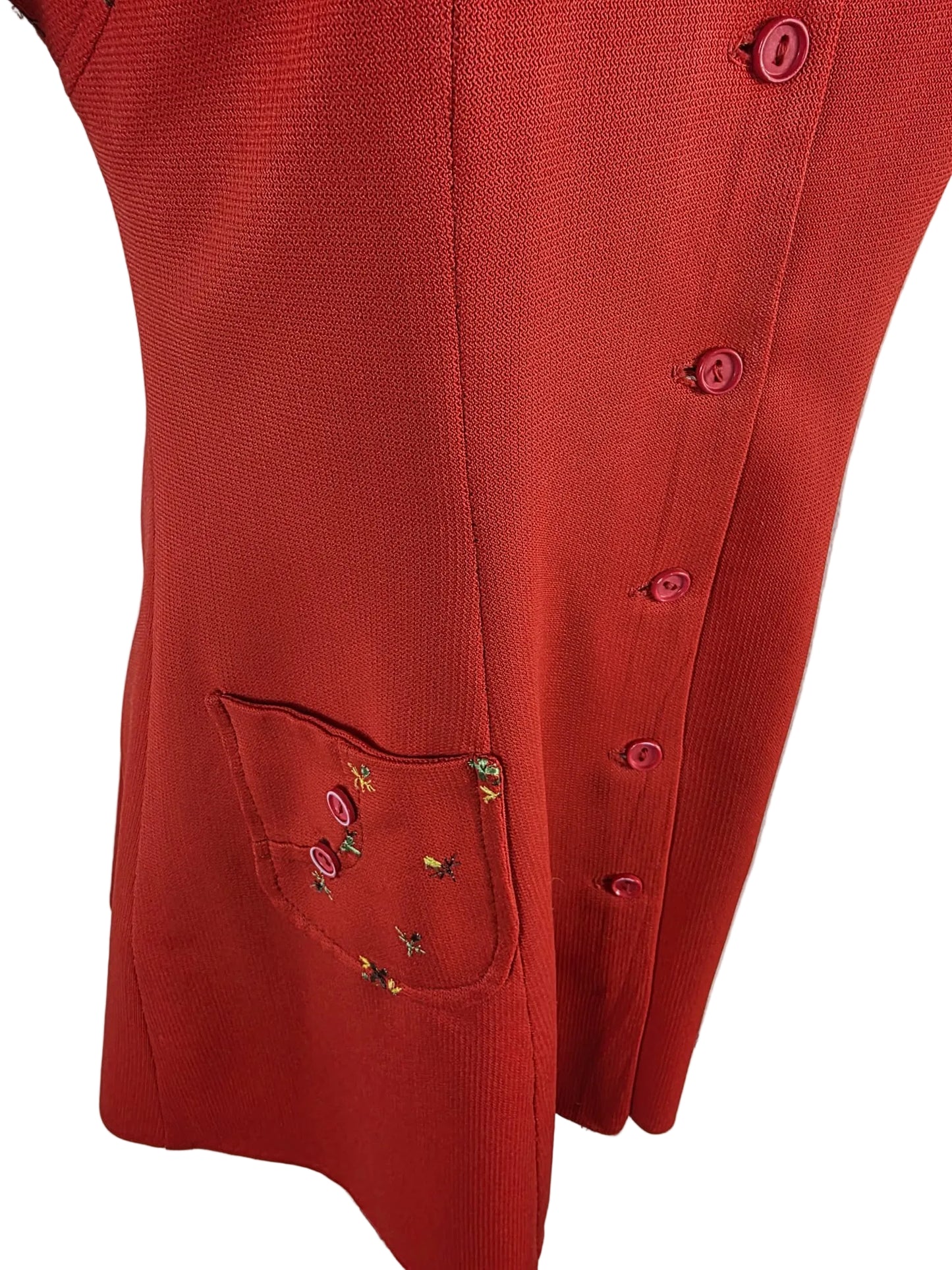 1960s Mod Mini Dress,  Red Crimplene Floral Detail