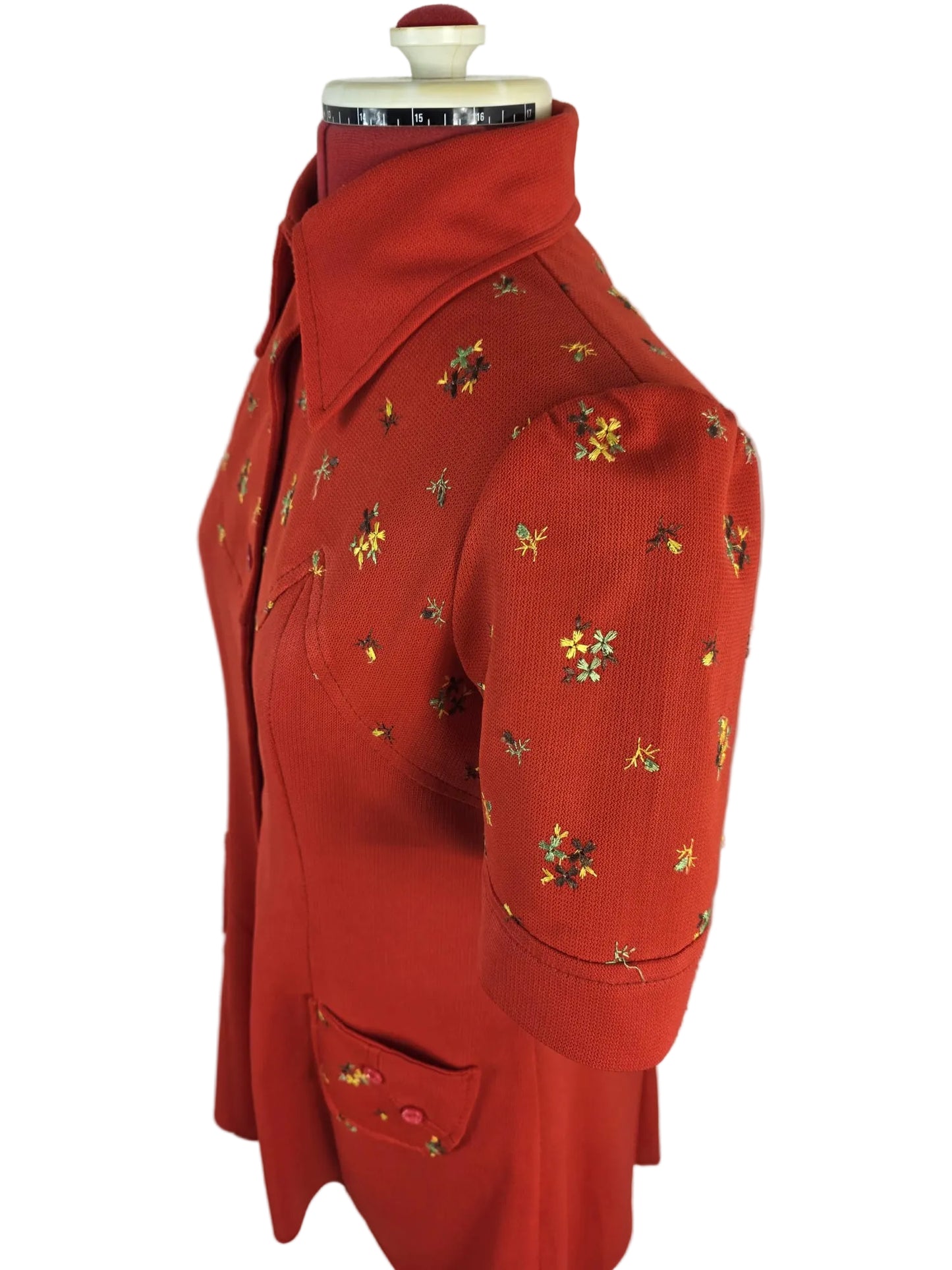 1960s Mod Mini Dress,  Red Crimplene Floral Detail