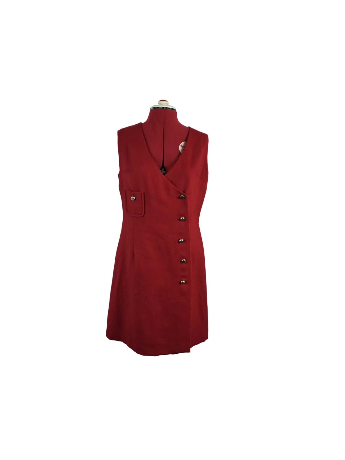 1980s,  Red Wool Dress with Gold Buttons