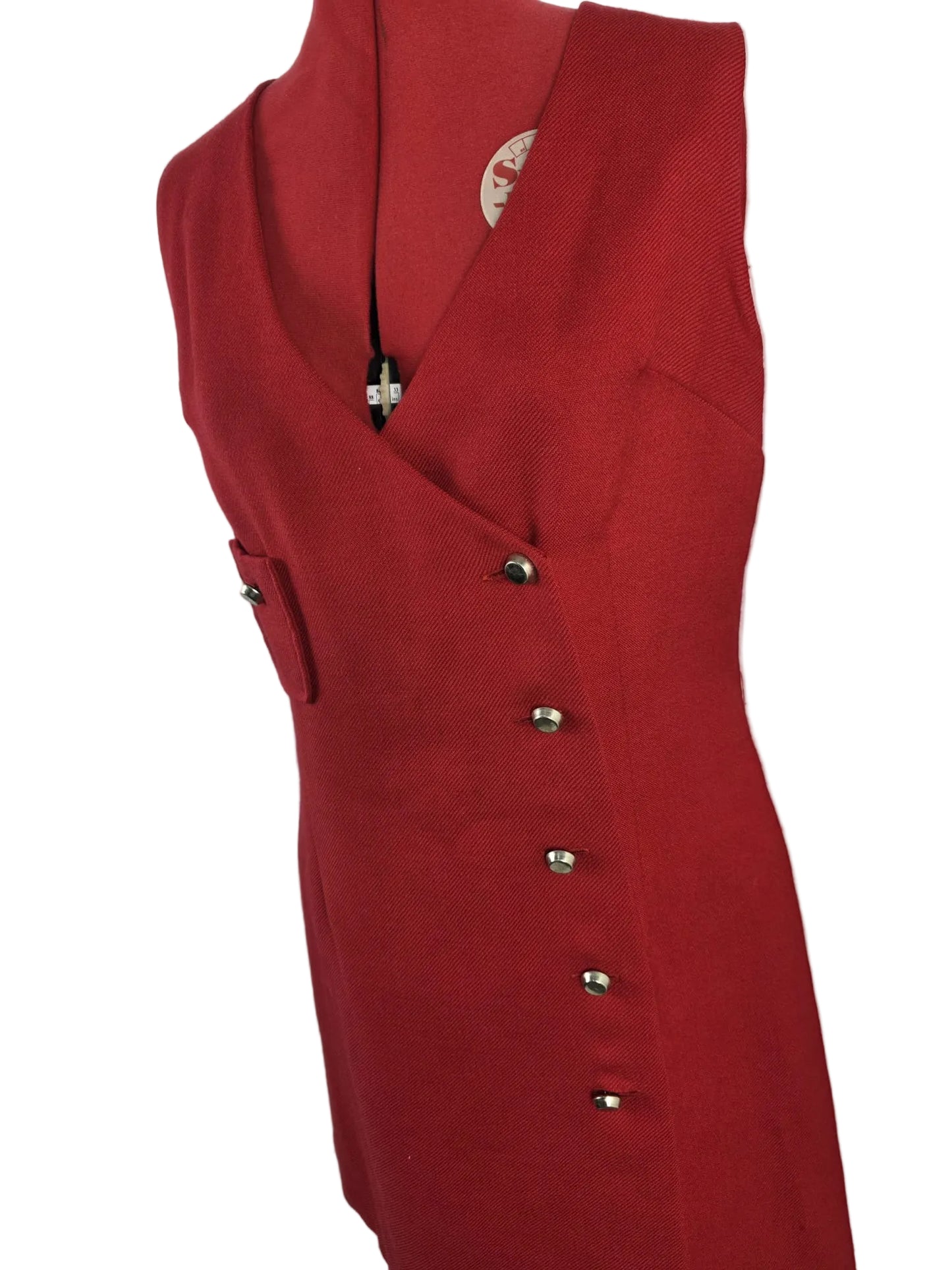 1980s,  Red Wool Dress with Gold Buttons