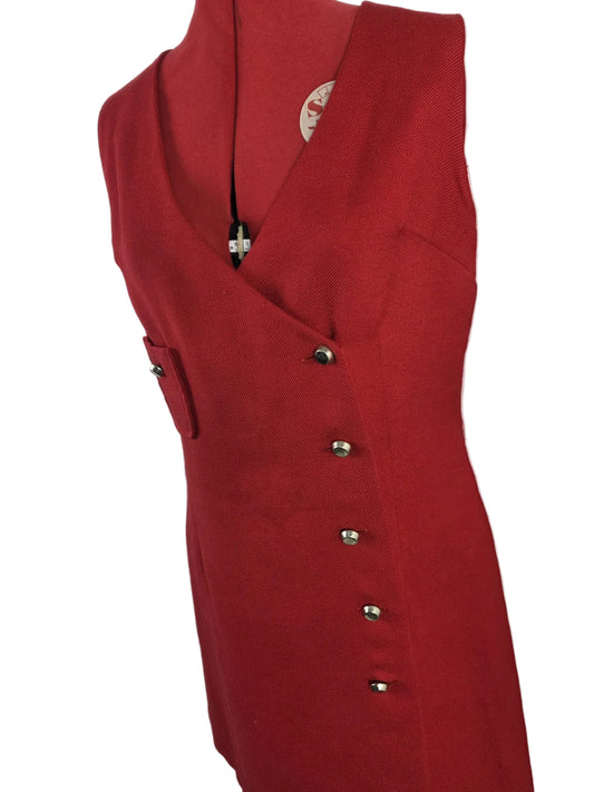 1980s,  Red Wool Dress with Gold Buttons