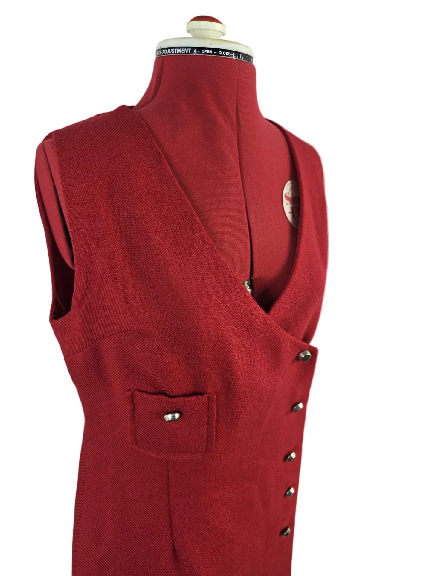 1980s,  Red Wool Dress with Gold Buttons