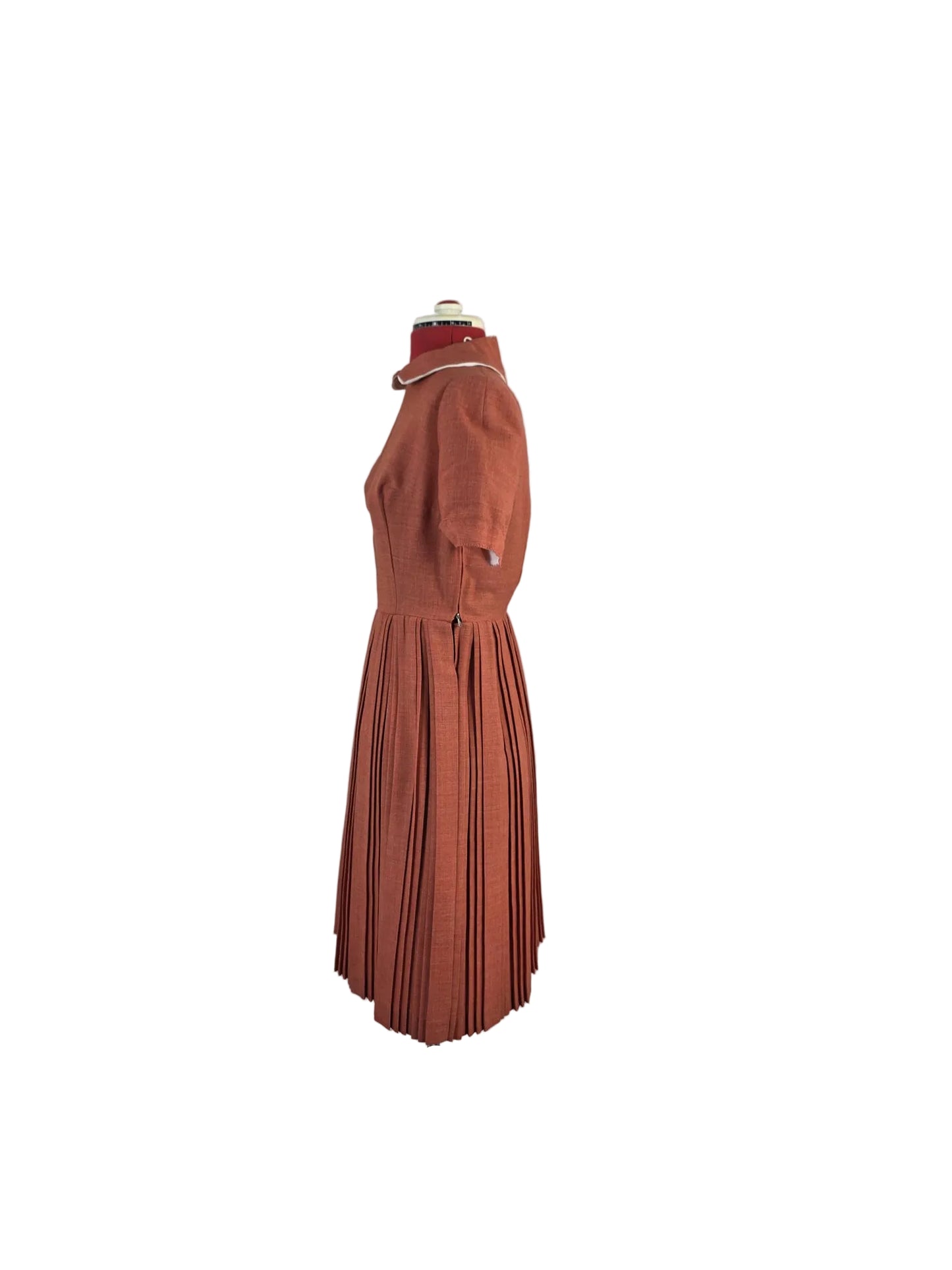 Late 1950s Rust Pleated Dress with Detachable Collar, Schadi Kleidung