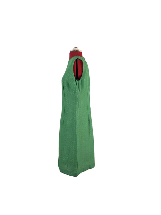 1960s Metallic Green Shift Dress, Vintage Minimalism