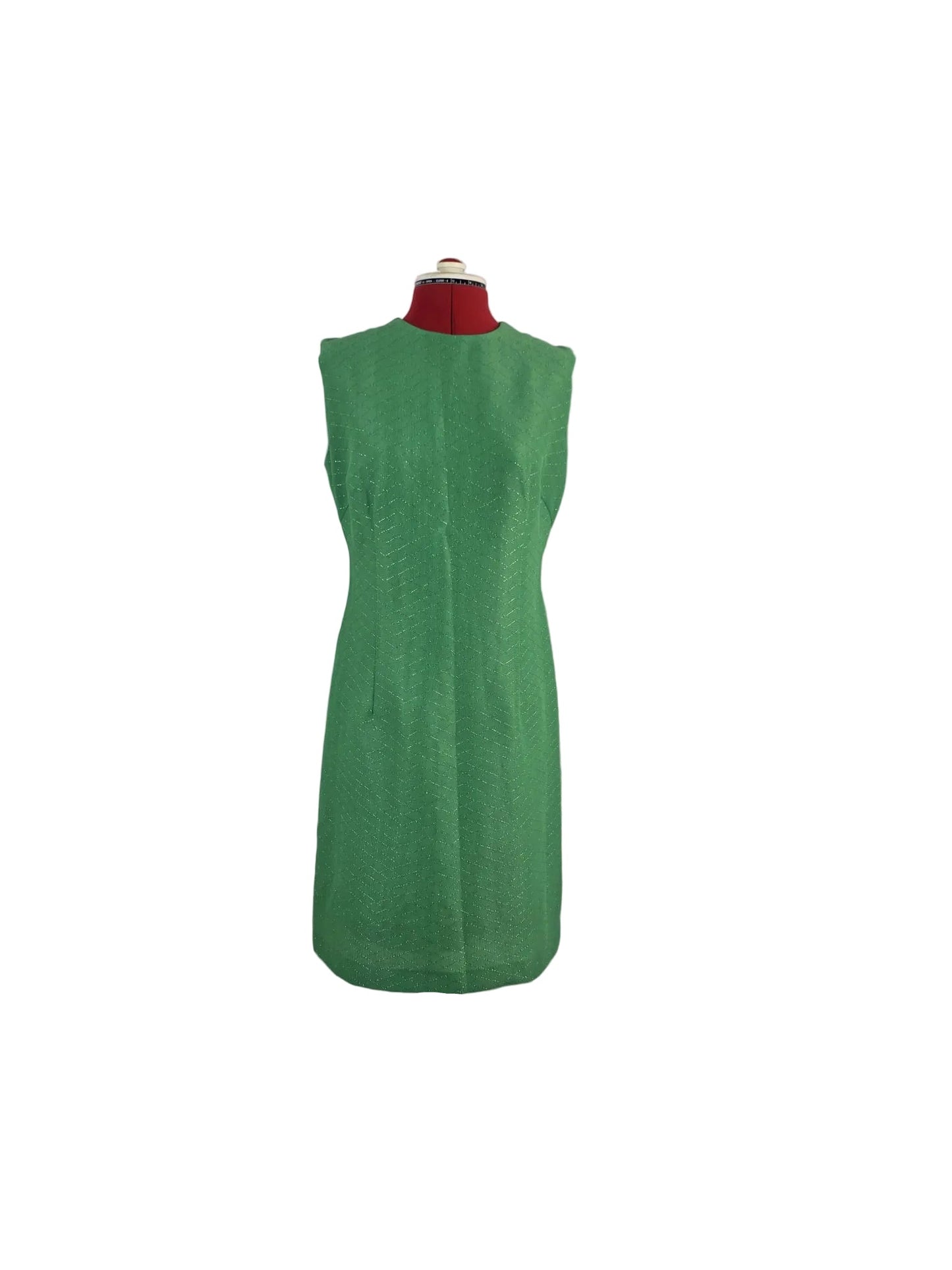 1960s Metallic Green Shift Dress, Vintage Minimalism