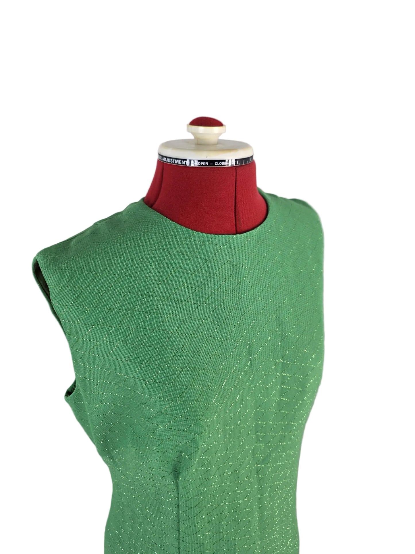 1960s Metallic Green Shift Dress, Vintage Minimalism
