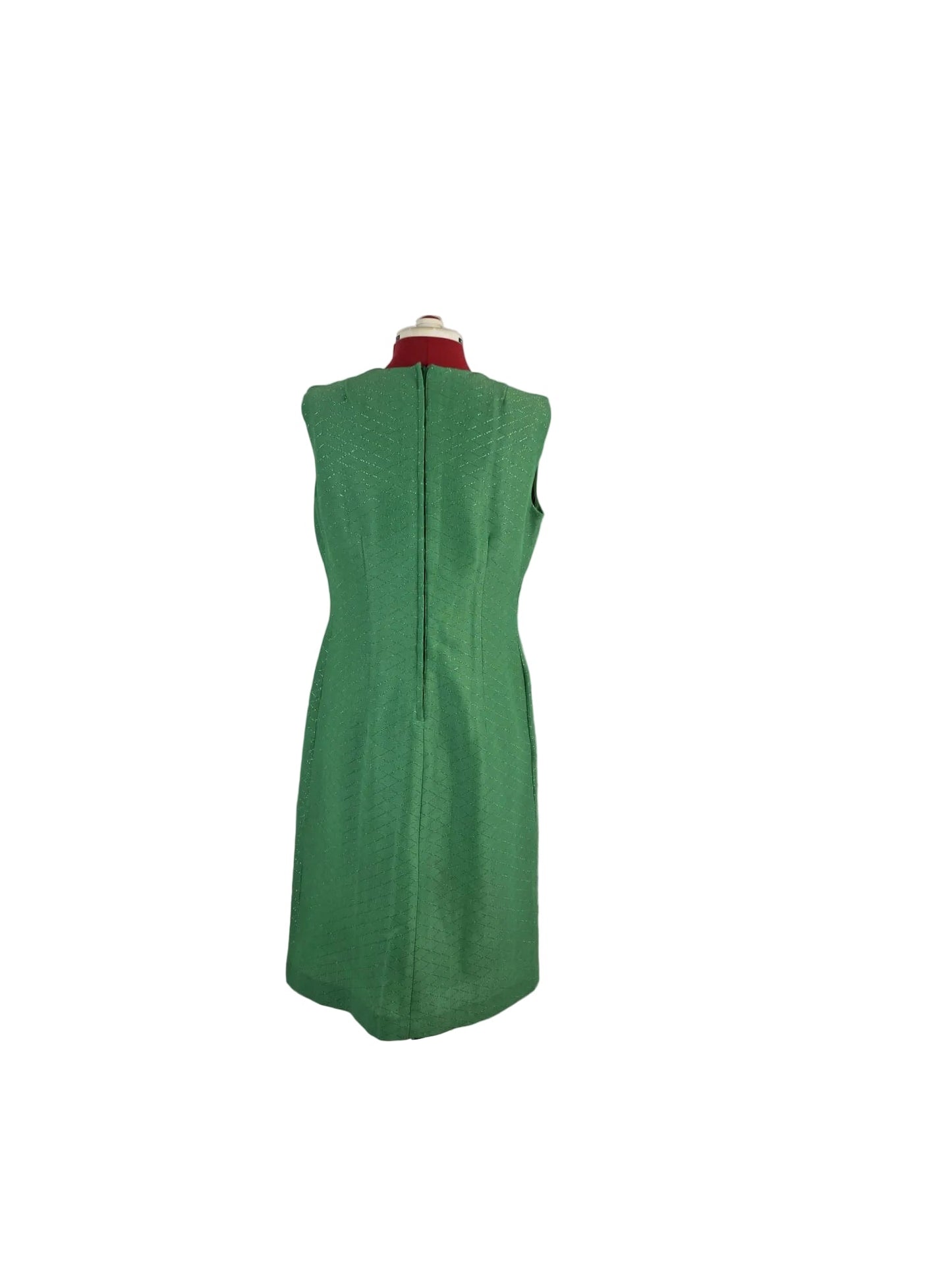 1960s Metallic Green Shift Dress, Vintage Minimalism