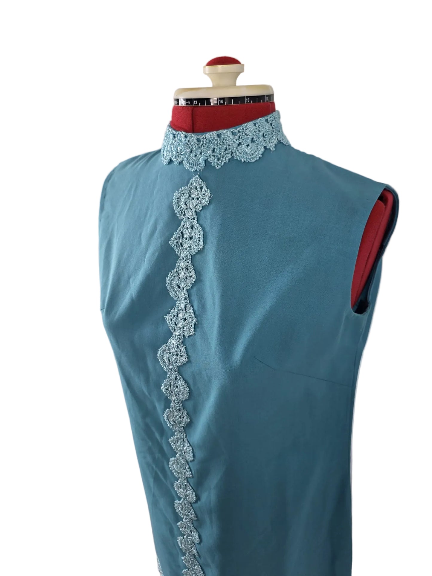 1960s Genuine Vintage Blue Lace Trim Mod Mini Dress Sleeveless Shift