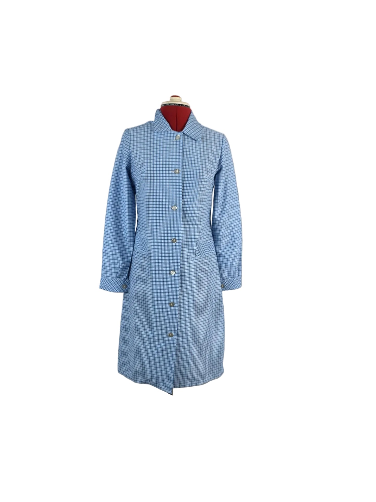 1970s Genuine Vintage Terylene Housecoat Blue Check Button Front Dress