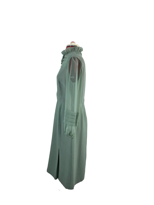 1970s Vintage Peggy French Couture Mint Chiffon Midi Dress