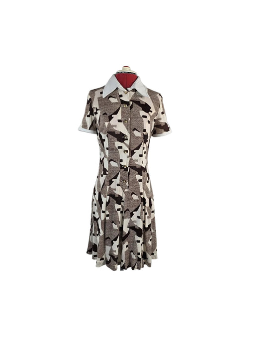 1970s Vintage Abstract Print Shirt Dress in Chocolate & Cream Jersey