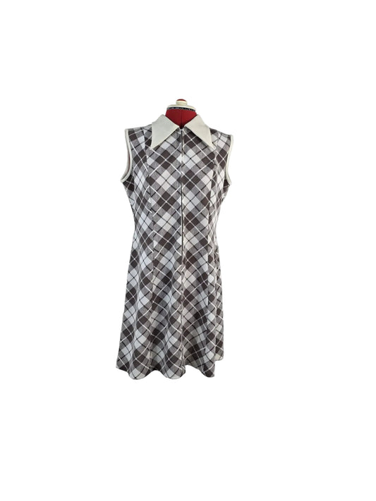 1960s Vintage Mod-Inspired Check Midi Dress with Oversized Collar
