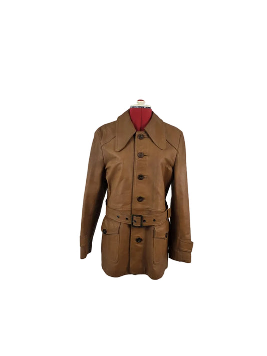 1970s Vintage John Collier Tan Leather Belted Coat Jacket