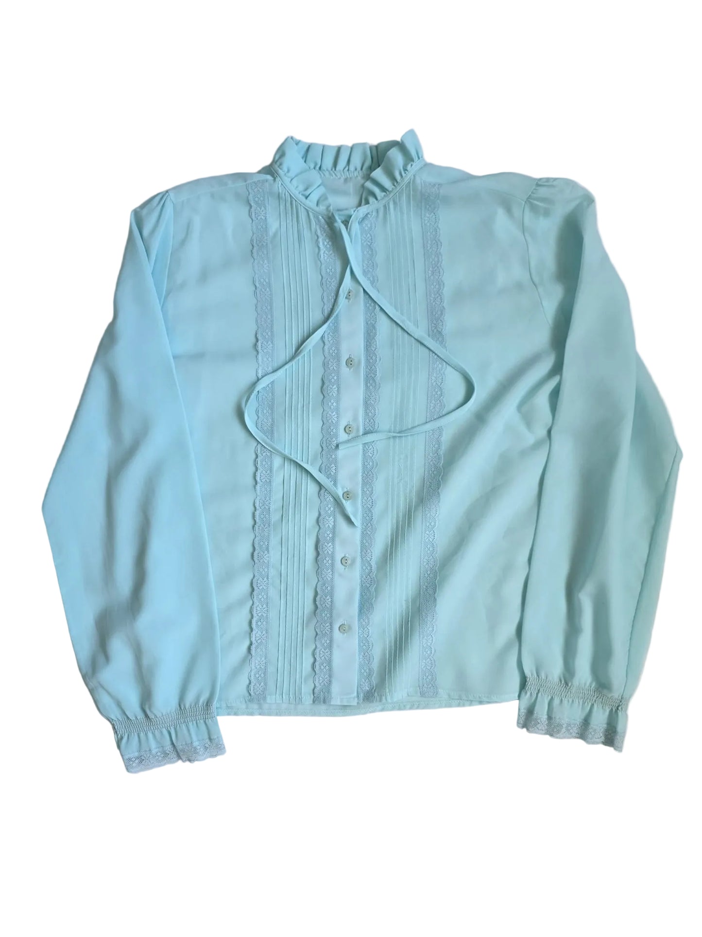 1980s St Michael Powder Blue Lace Trim Blouse