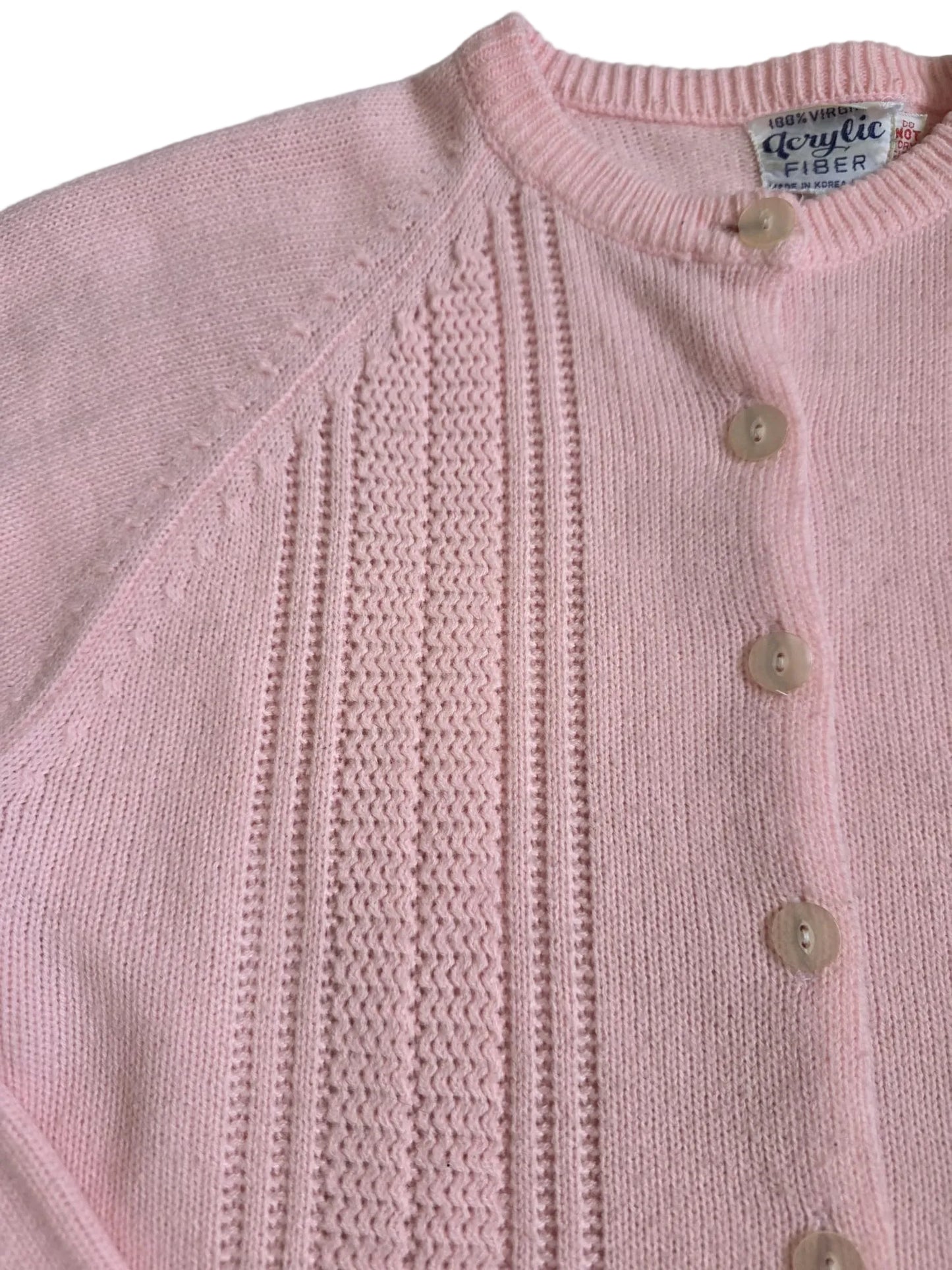 1980s Korean Pastel Pink Textured Knit Cardigan