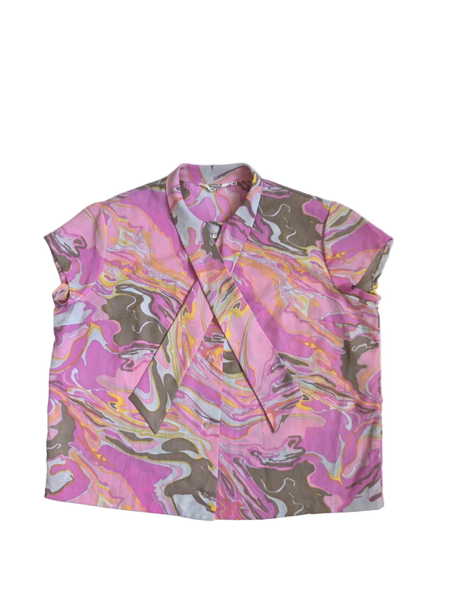 1970s Vintage Psychedelic Pussy Bow Secretary Blouse Teijin Tetoron