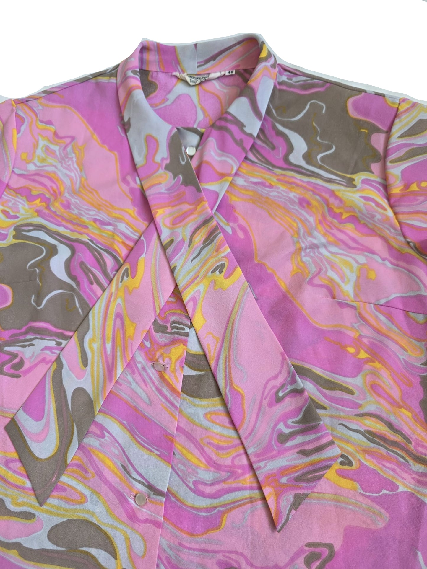 1970s Vintage Psychedelic Pussy Bow Secretary Blouse Teijin Tetoron