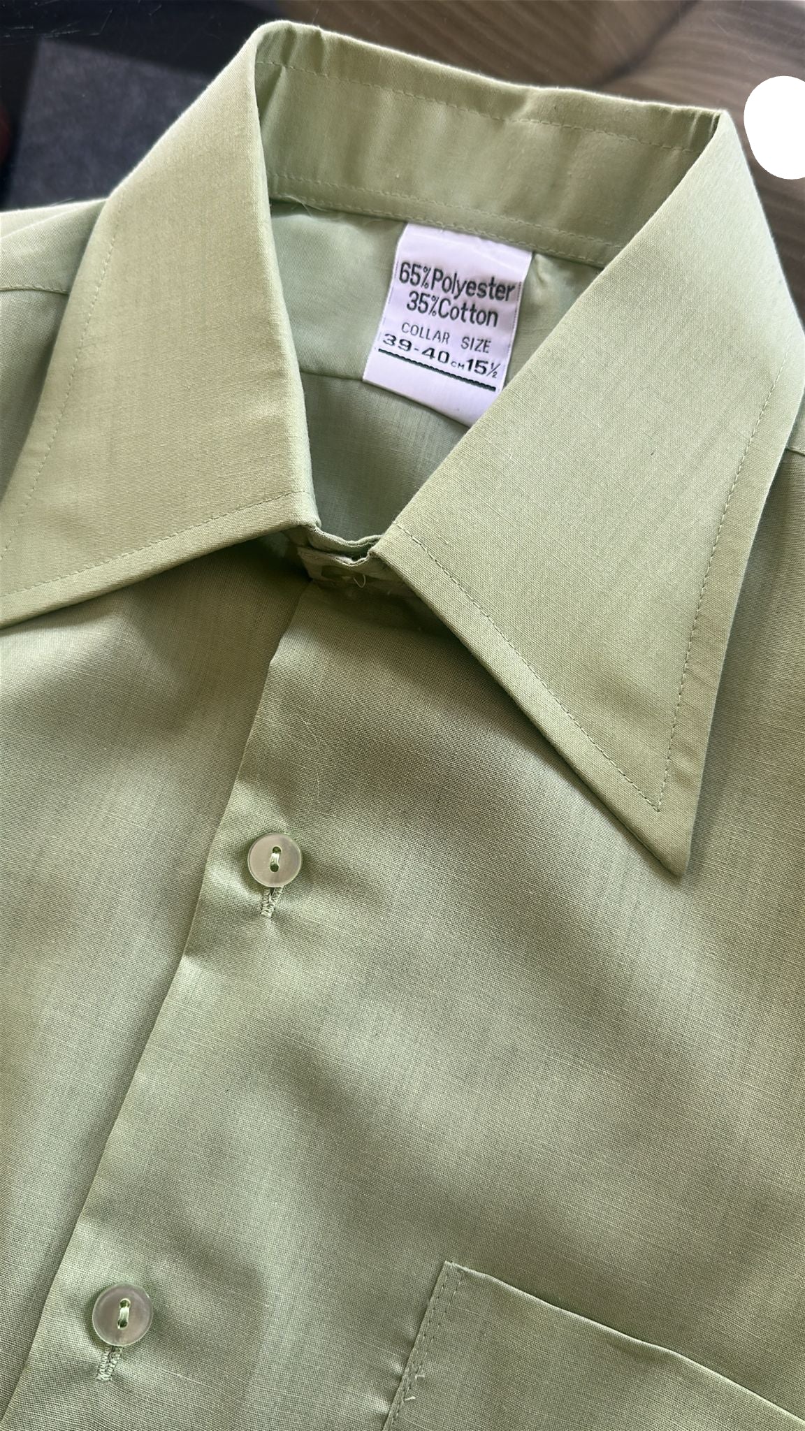 Late 1970s Sage Green Shirt 15.5 Collar Polyester Cotton Blend