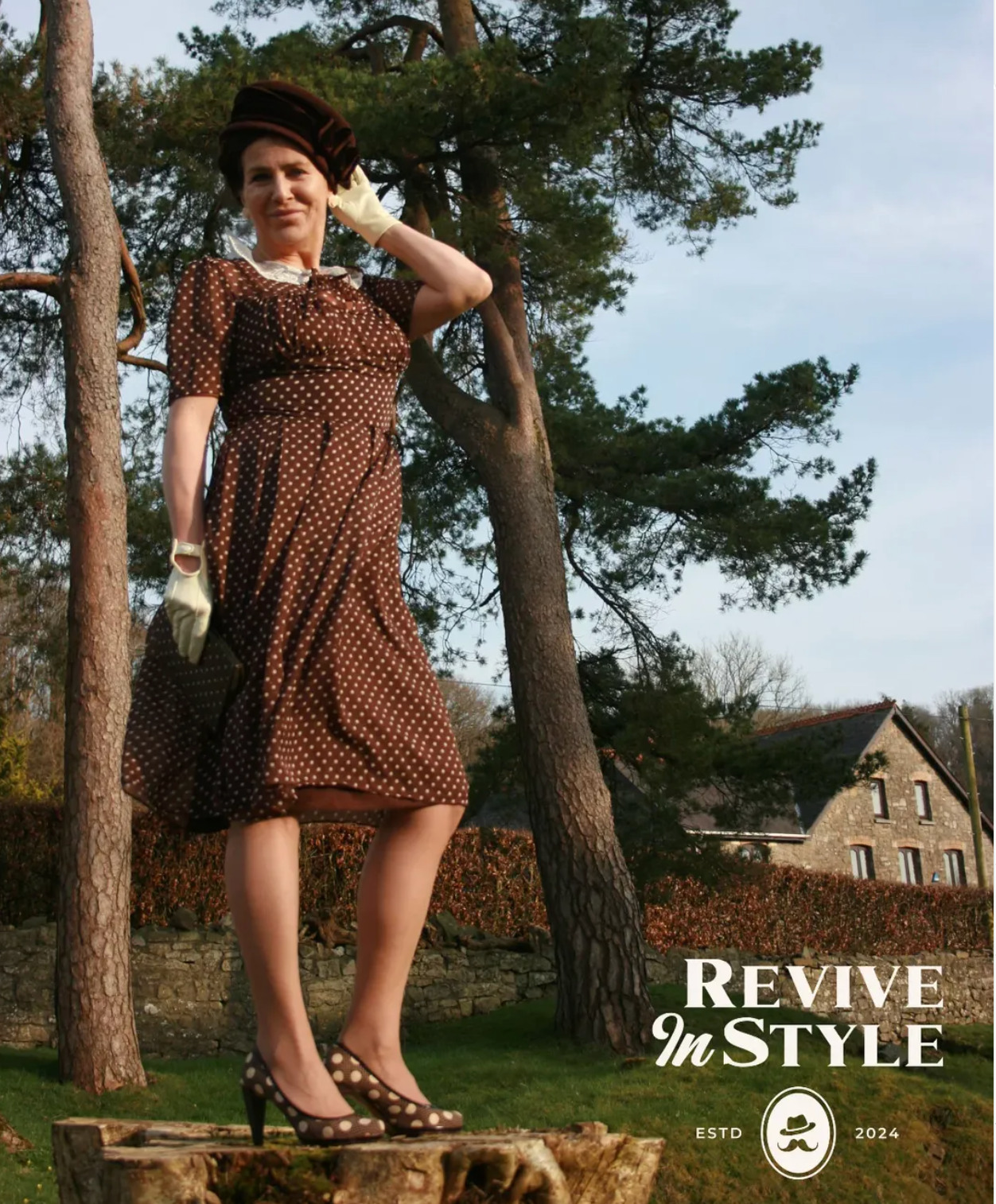 Vintage-inspired Brown Polka Dot Tea Dress  like Early 1940s Wartime Elegance Hell Bunny Vixen