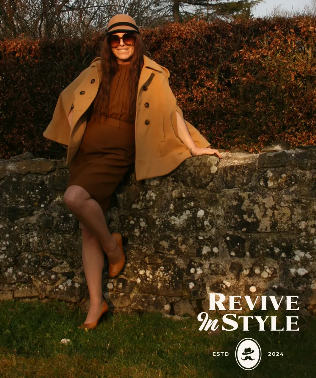 Vintage-inspired Camel Military Cape Coat by Miss Real