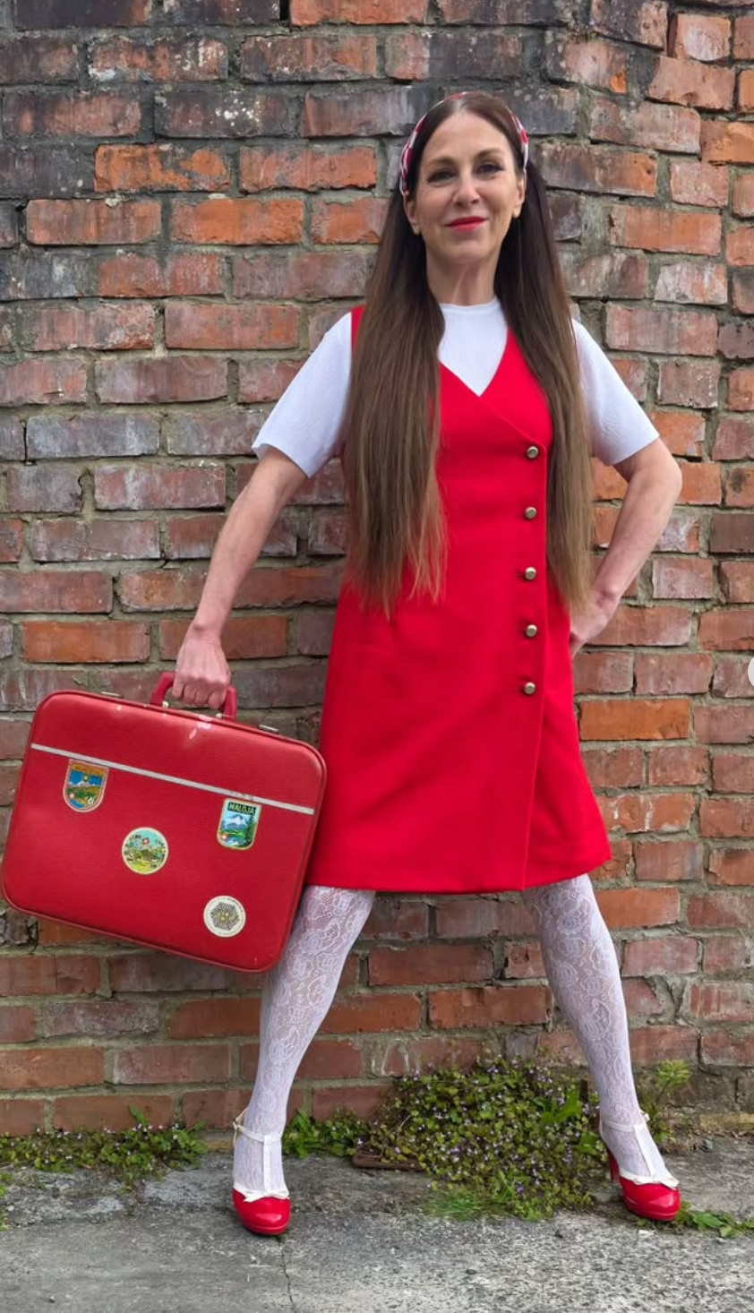 1980s,  Red Wool Dress with Gold Buttons
